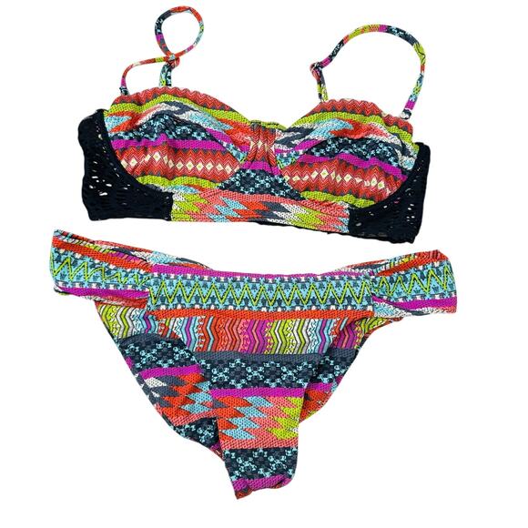 Billabong Black Blue Purple Green Multi Abstract Print Bikini M - Picture 1 of 16
